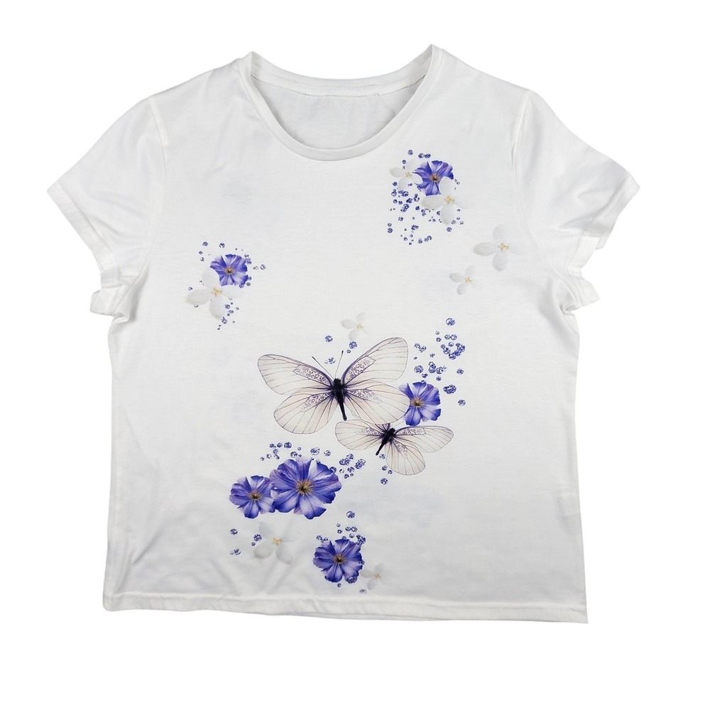 Butterfly Floral Graphic Tee Womens XL White Short Sleeve T-Shirt